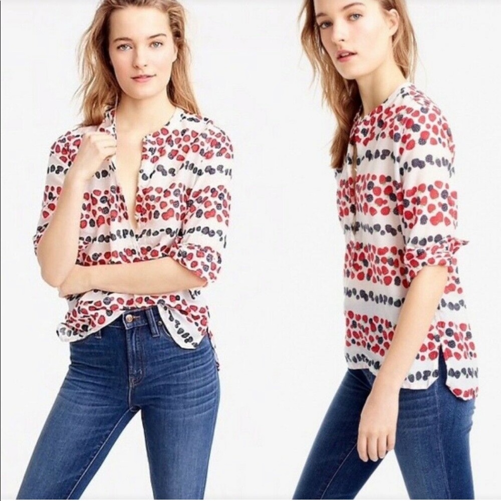 J. Crew G3394 White, Red & Purple Berry Print Cotton & Silk Tunic Size 12